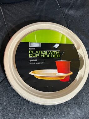 Living Solutions Plates with Cup Holder | 12-Pack Compostable Microwave Safe